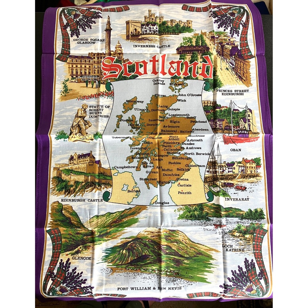 NEW NOS VTG Vista Clive Mayor Cotton Tea Towel SCOTLAND MAP SOUVENIR Attractions